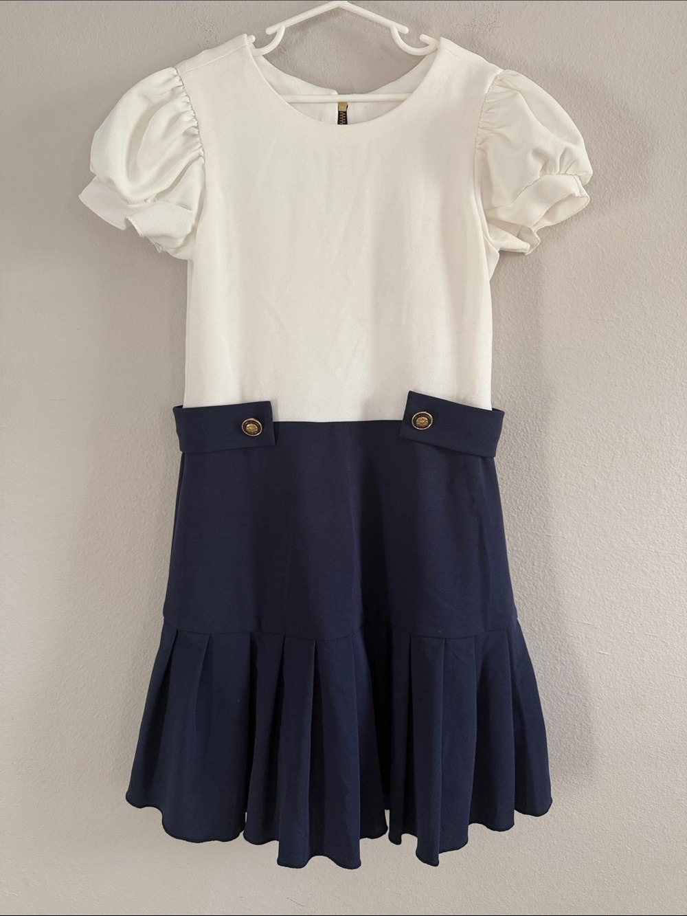 Zoe Ltd Girls Navy White Pleated Party Dress Gold Buttons Size 14 - [1154]